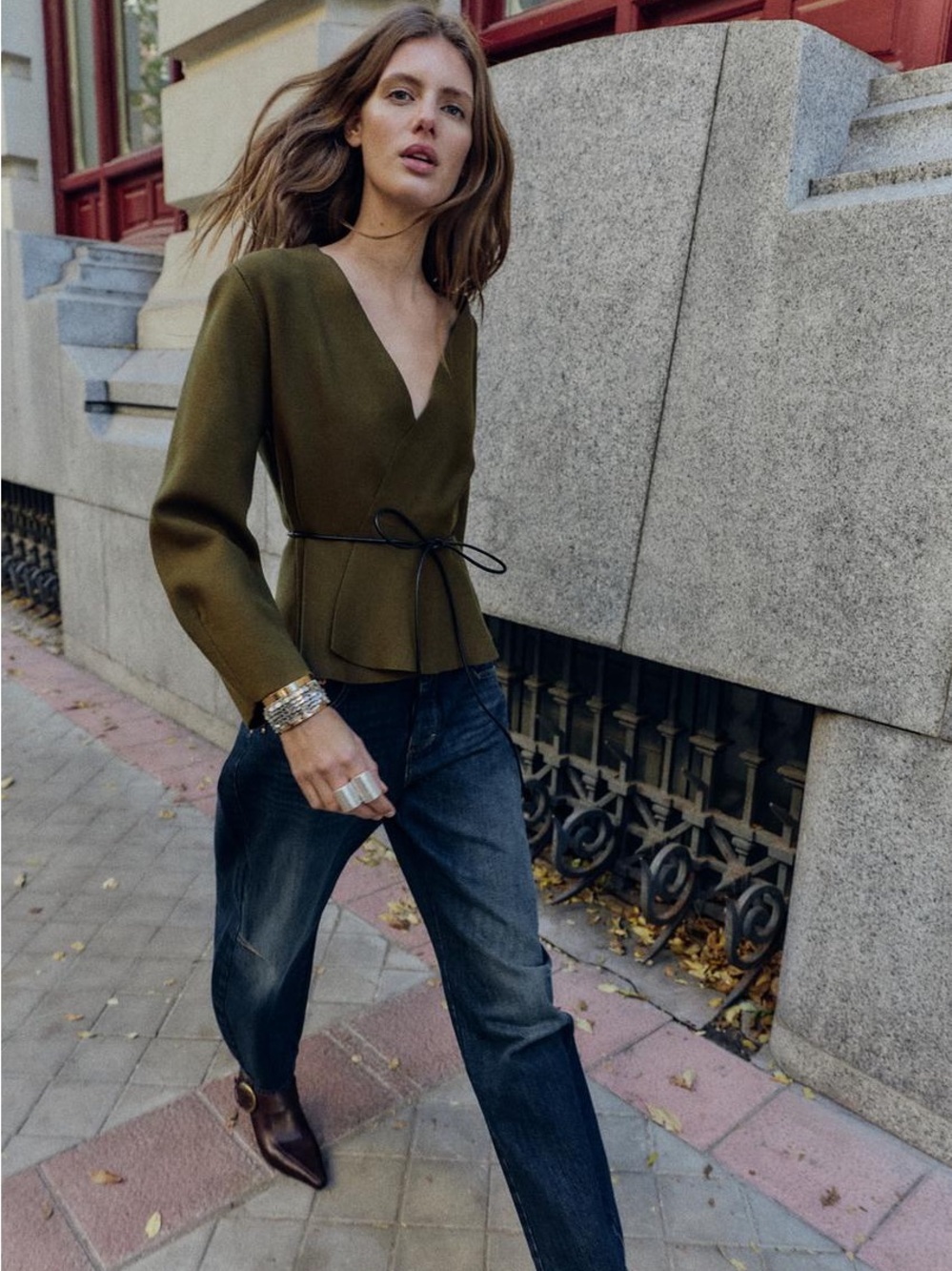 Zara Olive Green Peplum Cardigan - Size L (Missing Belt)